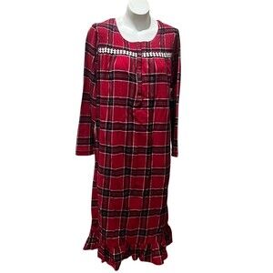 Laura Scott Nightgown Womens Size M Red Plaid Flannel Button Front Lace